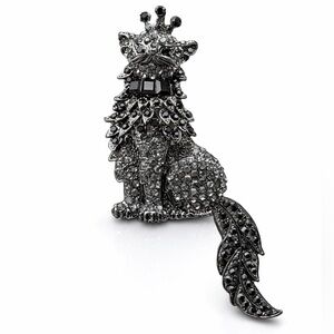 Black Cat Crystal Regal Brooch with Crown